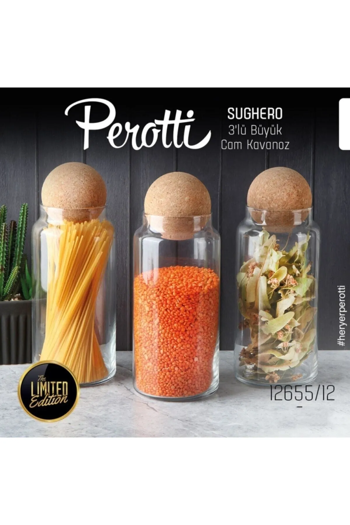 Perotti Sughero Cam 3’lü 1300ml Top Mantar Kapaklı Kavanoz 12655 Fma06111